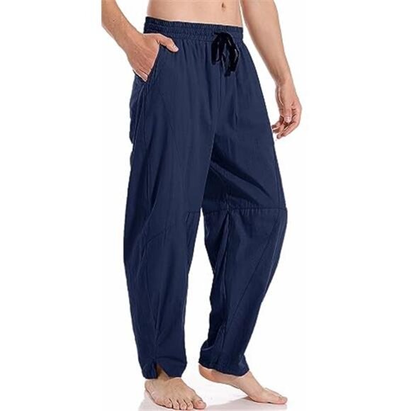 Men's Cotton Linen Pants Elastic Drawstring Waist Lightweight Summer Pants